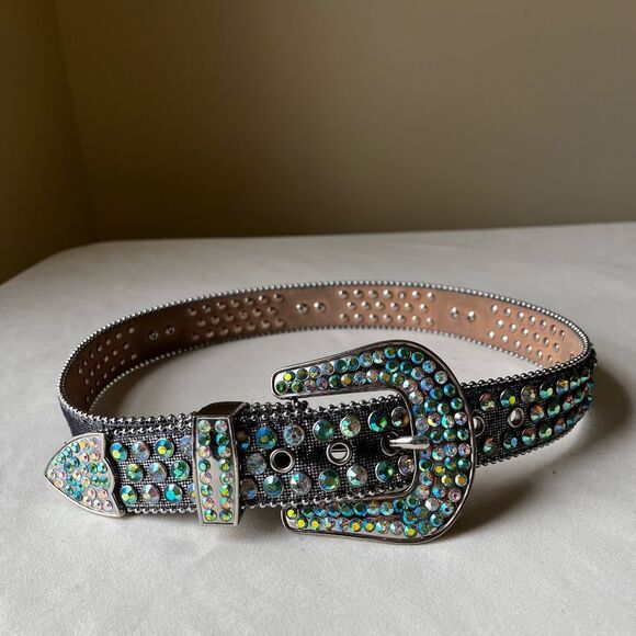 Majestik Blue Rhinestone Skull Wing Belt Western Punk Goth Y2K Festival Small - Picture 1 of 8